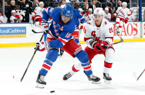 NEW YORK, NY – DECEMBER 27: Marc Staal #18 of the New York Rangers skates with the puck against Sebastian Aho #20 of the Carolina Hurricanes at Madison Square Garden on December 27, 2019 in New York City. (Photo by Jared Silber/NHLI via Getty Images)