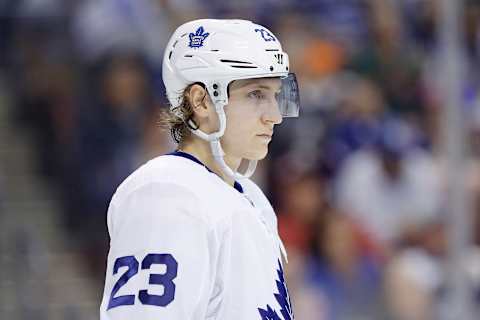 SUNRISE, FLORIDA – FEBRUARY 27: Travis Dermott #23 of the Toronto Maple Leafs . (Photo by Michael Reaves/Getty Images)