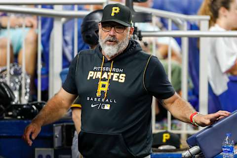 Jul 14, 2022; Miami, Florida, USA; Pittsburgh Pirates manager Derek Shelton (17) looks on from the dugout during the fifth inning against the Miami Marlins at loanDepot Park. Mandatory Credit: Sam Navarro-USA TODAY Sports