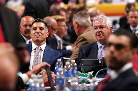 SUNRISE, FL – JUNE 26: General Manager Dale Tallon (R) and Chief Executive Officer and owner Vincent Viola of the Florida Panthers look on from the draft table during Round One of the 2015 NHL Draft at BB&T Center on June 26, 2015 in Sunrise, Florida. (Photo by Eliot J. Schechter/NHLI via Getty Images)