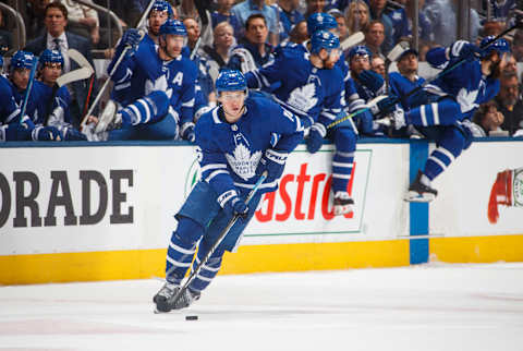 TORONTO, ON – APRIL 21: Mitch Marner #16 of the Toronto Maple Leafs skates against the Boston Bruins during the first period during Game Six of the Eastern Conference First Round during the 2019 NHL Stanley Cup Playoffs at the Scotiabank Arena on April 21, 2019 in Toronto, Ontario, Canada. (Photo by Mark Blinch/NHLI via Getty Images)