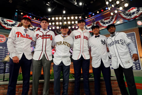 SECAUCUS, NJ – JUNE 4: 2018 Major League Baseball first-round draft picks (L-R) Alec Bohm, Carter Stewart, Travis Swaggerty, Triston Casas, Anthony Seigler and Xavier Edwards pose for a photo during the 2018 Major League Baseball Draft at Studio 42 at the MLB Network on Monday, June 4, 2018, in Secaucus, New Jersey. (Photo by Alex Trautwig/MLB Photos via Getty Images)