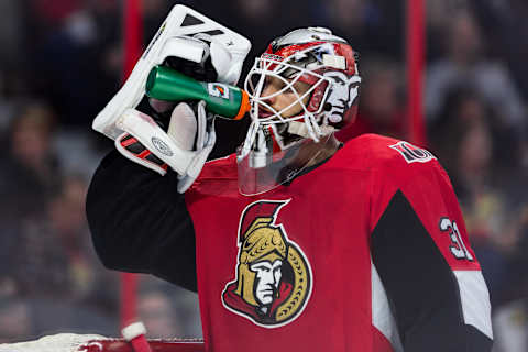 OTTAWA, ON – APRIL 06: Ottawa Senators Goalie Anders Nilsson (31) takes a drink during third period National Hockey League action between the Columbus Blue Jackets and Ottawa Senators on April 6, 2019, at Canadian Tire Centre in Ottawa, ON, Canada. (Photo by Richard A. Whittaker/Icon Sportswire via Getty Images)