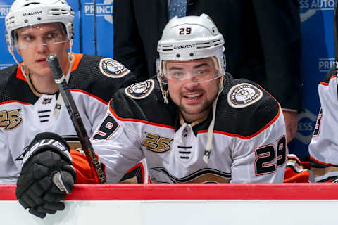 WINNIPEG, MB – FEBRUARY 2: Devin Shore #29 of the Anaheim Ducks looks on from the bench prior to NHL action against the Winnipeg Jets at the Bell MTS Place on February 2, 2019 in Winnipeg, Manitoba, Canada. (Photo by Jonathan Kozub/NHLI via Getty Images)