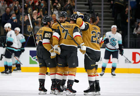 The Vegas Golden Knights gather after Alex Pietrangelo’s goal. (Photo by Ethan Miller/Getty Images)