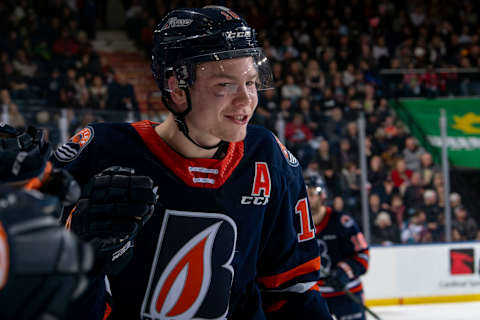 KELOWNA, BC – JANUARY 11: Connor Zary #18 of the Kamloops Blazers celebrates a second period goal against the Kelowna Rockets at Prospera Place on January 11, 2020 in Kelowna, Canada. (Photo by Marissa Baecker/Getty Images)