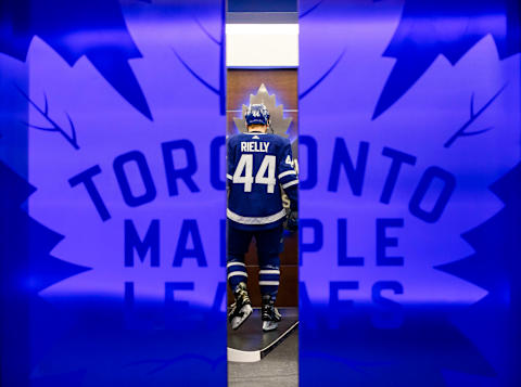 TORONTO, ON – APRIL 15: Morgan Rielly #44 of the Toronto Maple Leafs gets ready to face the Boston Bruins in Game Three of the Eastern Conference First Round during the 2019 NHL Stanley Cup Playoffs at the Scotiabank Arena on April 15, 2019 in Toronto, Ontario, Canada. (Photo by Mark Blinch/NHLI via Getty Images)