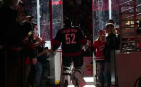 Jan 14, 2023; Raleigh, North Carolina, USA; Carolina Hurricanes goaltender Pyotr Kochetkov (52) goes out onto the ice before the game against the Pittsburgh Penguins at PNC Arena. Mandatory Credit: James Guillory-USA TODAY Sports