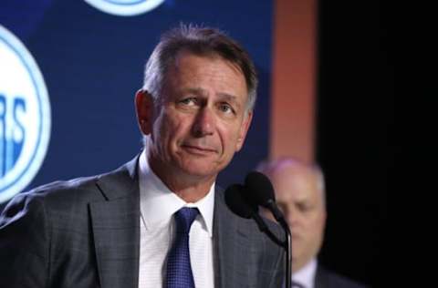 VANCOUVER, BRITISH COLUMBIA – JUNE 21: General Manager Ken Holland of the Edmonton Oilers speaks onstage during the first round of the 2019 NHL Draft at Rogers Arena on June 21, 2019 in Vancouver, Canada. (Photo by Dave Sandford/NHLI via Getty Images)