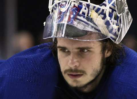 Igor Shesterkin #31 of the New York Rangers returns to the net after a timeout. (Photo by Bruce Bennett/Getty Images)