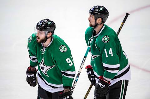 Feb 26, 2017; Dallas, TX, USA; Dallas Stars center Tyler Seguin (91) and left wing Jamie Benn (14) skate off the ice after Seguin scores a goal against the Boston Bruins during the third period at the American Airlines Center. The Bruins defeat the Stars 6-3. Mandatory Credit: Jerome Miron-USA TODAY Sports