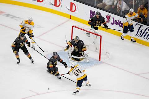 LAS VEGAS, NV – OCTOBER 15: Nashville Predators center Mikael Granlund (64) attempts a shot during the second period of a regular season game between the Nashville Predators and the Vegas Golden Knights Tuesday, Oct. 15, 2019, at T-Mobile Arena in Las Vegas, Nevada. (Photo by: Marc Sanchez/Icon Sportswire via Getty Images)