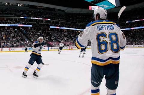 May 19, 2021; Denver, Colorado, USA; St. Louis Blues left wing Mike Hoffman (68) celebrates his goal with center Robert Thomas (18) in the third period against the Colorado Avalanche in game two of the first round of the 2021 Stanley Cup Playoffs at Ball Arena. Mandatory Credit: Isaiah J. Downing-USA TODAY Sports