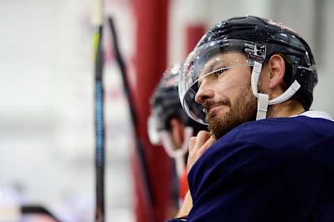 ARLINGTON, VA – MARCH 02: Michal Kempny #6 of the Washington Capitals sits on the bench during practice for the 2018 Coors Light Stadium Series at Kettler Capitals Iceplex on March 2, 2018 in Arlington, Virginia. (Photo by Patrick McDermott/NHLI via Getty Images)