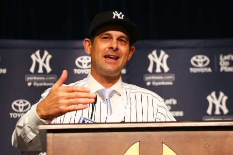 NEW YORK, NY – DECEMBER 06: Aaron Boone speaks to the media after being introduced as manager of the New York Yankees at Yankee Stadium on December 6, 2017 in the Bronx borough of New York City. (Photo by Mike Stobe/Getty Images)