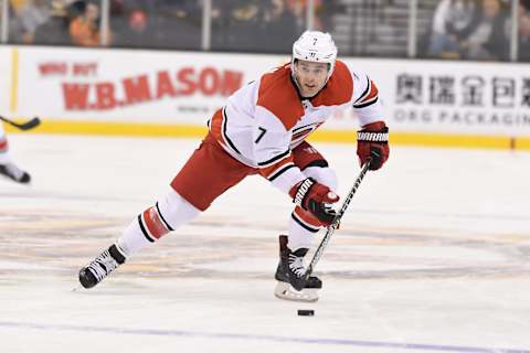 BOSTON, MA – JANUARY 6: Derek Ryan #7 of the Carolina Hurricanes skates against the Boston Bruins at the TD Garden on January 6, 2018 in Boston, Massachusetts. (Photo by Steve Babineau/NHLI via Getty Images)