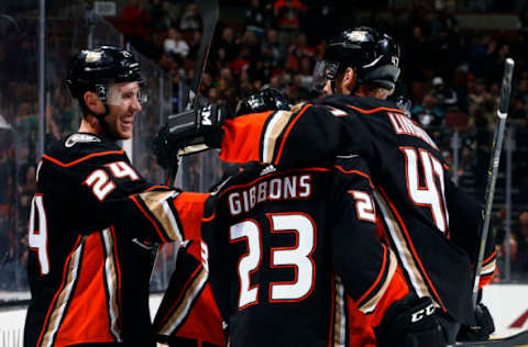 ANAHEIM, CA – DECEMBER 9: Carter Rowney #24, Hampus Lindholm #47, and Brian Gibbons #23 of the Anaheim Ducks celebrate a first-period goal during the game against the New Jersey Devils on December 9, 2018, at Honda Center in Anaheim, California. (Photo by Debora Robinson/NHLI via Getty Images)