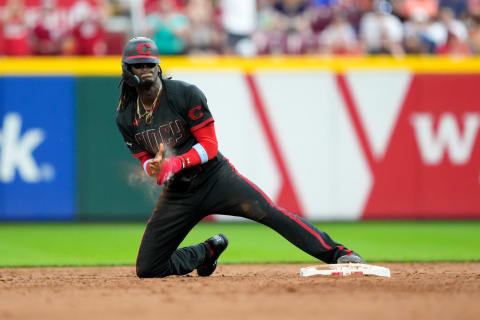 CINCINNATI, OHIO – JUNE 23: Elly De La Cruz #44 of the Cincinnati Reds reacts after stealing second base in the fifth inning against the Atlanta Braves at Great American Ball Park on June 23, 2023 in Cincinnati, Ohio. (Photo by Dylan Buell/Getty Images)