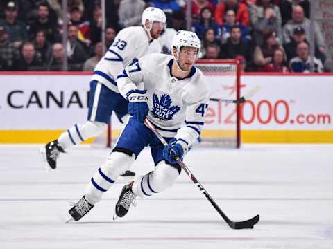 MONTREAL, QC – FEBRUARY 08: Pierre Engvall #47 of the Toronto Maple Leafs . (Photo by Minas Panagiotakis/Getty Images)