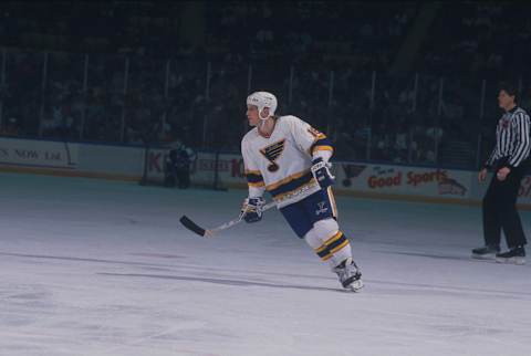 UNDATED: St. Louis Blues’ right wing Brett Hull #18 skates during a game. (Photo by Focus on Sport via Getty Images)