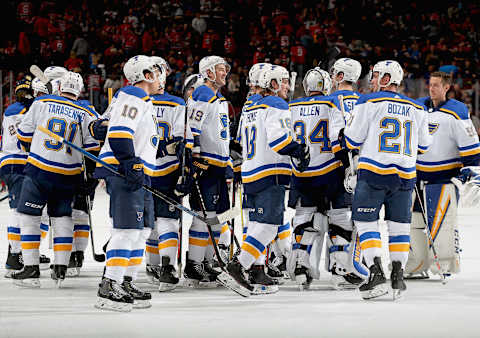 NEWARK, NJ – MARCH 30: The St. Louis Blues celebrate after defeating the New Jersey Devils at Prudential Center on March 30, 2019 in Newark, New Jersey. The Blues defeated the Devils 3-2. (Photo by Andy Marlin/NHLI via Getty Images)