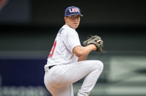 MINNEAPOLIS, MN- AUGUST 27: Matthew Liberatore #21 of the USA Baseball 18U National Team pitches against Iowa Western CC on August 27, 2017 at Target Field in Minneapolis, Minnesota. (Photo by Brace Hemmelgarn/Getty Images)