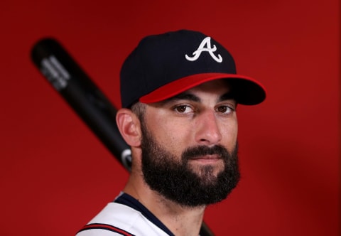 ORLANDO, FLORIDA – FEBRUARY 22: Nick Markakis #22 of the Atlanta Braves poses during photo days at Champion Stadium on February 22, 2019 in Lake Buena Vista, Florida. (Photo by Rob Carr/Getty Images)