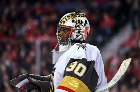 CALGARY, AB – MARCH 10: Vegas Golden Knights Goalie Malcolm Subban (30) looks on between whistles during the third period of an NHL game where the Calgary Flames hosted the Vegas Golden Knights on March 10, 2019, at the Scotiabank Saddledome in Calgary, AB. (Photo by Brett Holmes/Icon Sportswire via Getty Images)