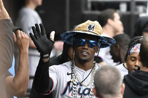 Jun 11, 2023; Chicago, Illinois, USA; Miami Marlins designated hitter Jorge Soler (12) after he hits a home run against the Chicago White Sox during the fifth inning at Guaranteed Rate Field. Mandatory Credit: Matt Marton-USA TODAY Sports