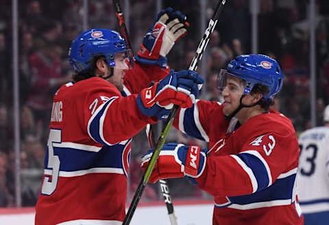 MONTREAL, QC – APRIL 6: Ryan Poehling #25 and Jordan Weal #43 (Photo by Francois Lacasse/NHLI via Getty Images)