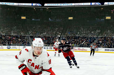 COLUMBUS, OH – JANUARY 16: Ryan Dzingel #18 of the Carolina Hurricanes skates after the puck during the game against the Columbus Blue Jackets on January 16, 2020 at Nationwide Arena in Columbus, Ohio. (Photo by Kirk Irwin/Getty Images)