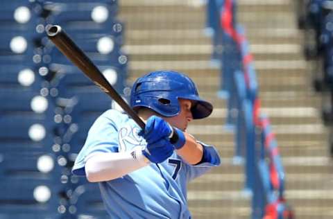 TAMPA, FL – AUGUST 01: Nick Schnell (7) of Roncalli HS (IN) at bat during the East Coast Pro Showcase on August 01, 2017, at Steinbrenner Field in Tampa, FL. (Photo by Cliff Welch/Icon Sportswire via Getty Images)