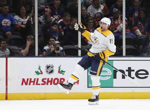 UNIONDALE, NEW YORK – DECEMBER 17: Craig Smith #15 of the Nashville Predators celebrates his goal against the New York Islanders at NYCB Live’s Nassau Coliseum on December 17, 2019 in Uniondale, New York. The Predators defeated the Islanders 8-3.(Photo by Bruce Bennett/Getty Images)