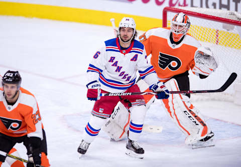 PHILADELPHIA, PA – APRIL 07: New York Rangers Right Wing Mats Zuccarello (36) stands in front of Philadelphia Flyers Goalie Brian Elliott (37) in the first period during the game between the New York Rangers and Philadelphia Flyers on April 07, 2018 at Wells Fargo Center in Philadelphia, PA. (Photo by Kyle Ross/Icon Sportswire via Getty Images)