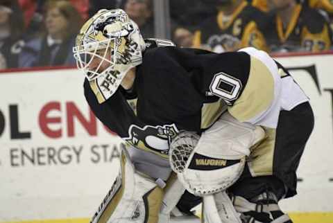 Dec 30, 2015; Pittsburgh, PA, USA; Pittsburgh Penguins goalie Matt Murray (30) in goal against the Toronto Maple Leafs during the overtime period of an NHL hockey game at Consol Energy Center. Toronto won 3-2 in a shootout. Mandatory Credit: Don Wright-USA TODAY Sports