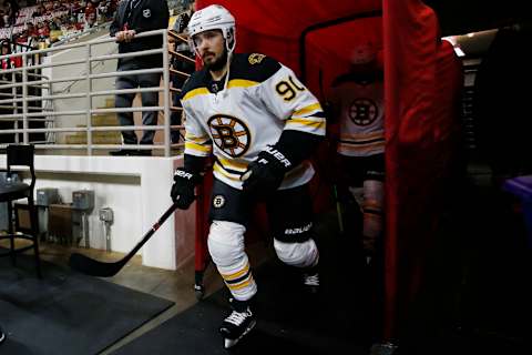 May 14, 2019; Raleigh, NC, USA; Boston Bruins left wing Marcus Johansson (90) takes to the ice for warm-ups prior to game three of the Eastern Conference Final of the 2019 Stanley Cup Playoffs against the Carolina Hurricanes at PNC Arena. Mandatory Credit: Geoff Burke-USA TODAY Sports