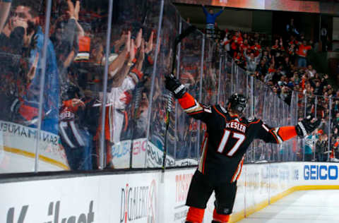 ANAHEIM, CA – APRIL 1: Ryan Kesler #17 of the Anaheim Ducks celebrates his third-period goal during the game against the Colorado Avalanche. (Photo by Debora Robinson/NHLI via Getty Images)