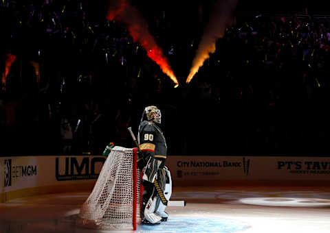 The Vegas Golden Knights goalie, Robin Lehner, getting ready for action. (Photo by Ethan Miller/Getty Images)