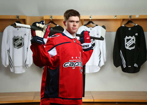 VANCOUVER, BRITISH COLUMBIA – JUNE 21: Connor McMichael, 25th overall pick of the Washington Capitals, poses for a portrait during the first round of the 2019 NHL Draft at Rogers Arena on June 21, 2019 in Vancouver, Canada. (Photo by Andre Ringuette/NHLI via Getty Images)