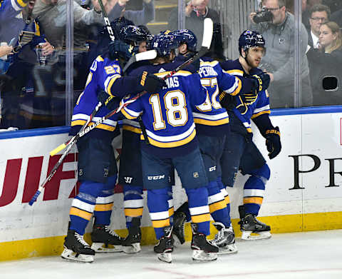 ST. LOUIS, MO – MAY 21: Blues players celebrate after scoring during game six of the NHL Western Conference Final between the San Jose Sharks and the St. Louis Blues, on May 21, 2019, at Enterprise Center, St. Louis, Mo. (Photo by Keith Gillett/Icon Sportswire via Getty Images)