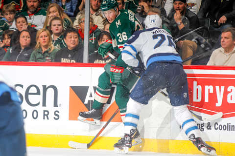 ST. PAUL, MN – APRIL 17: Blake Wheeler #26 of the Winnipeg Jets collides with Nick Seeler #36 of the Minnesota Wild in Game Four of the Western Conference First Round during the 2018 NHL Stanley Cup Playoffs at the Xcel Energy Center on April 17, 2018 in St. Paul, Minnesota. (Photo by Bruce Kluckhohn/NHLI via Getty Images)