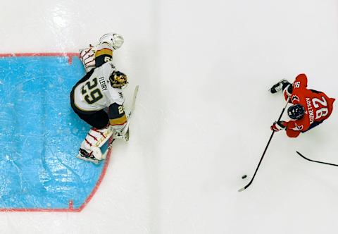 WASHINGTON, DC – NOVEMBER 09: Washington Capitals center Evgeny Kuznetsov (92) scores on the first shot of the game in the first period against Vegas Golden Knights goaltender Marc-Andre Fleury (29) on November 9, 2019, at the Capital One Arena in Washington, D.C. (Photo by Mark Goldman/Icon Sportswire via Getty Images)