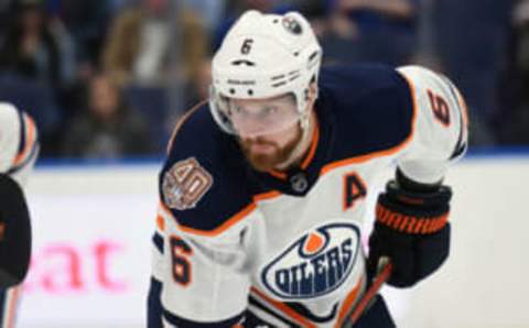 ST. LOUIS, MO – MARCH 19: Edmonton Oilers defenseman Adam Larsson (6) gets ready to take a face off during an NHL game between the Edmonton Oilers and the St. Louis Blues on March 19, 2019, at Enterprise Center, St. Louis, MO. (Photo by Keith Gillett/Icon Sportswire via Getty Images)