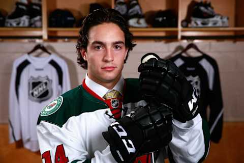 PHILADELPHIA, PA – JUNE 28: Louis Belpedio, 80th overall pick of the Minnesota Wild, poses for a portrait during the 2014 NHL Entry Draft at Wells Fargo Center on June 28, 2014 in Philadelphia, Pennsylvania. (Photo by Jeff Vinnick/NHLI via Getty Images)