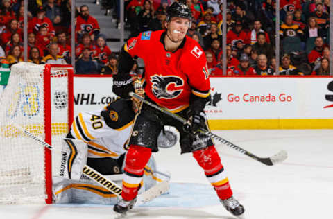 CALGARY, AB – FEBRUARY 19: Matthew Tkachuk scored the lone Calgary goal and renewed his rivalry with Bruins forward, Brad Marchand.