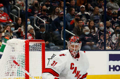 COLUMBUS, OH – OCTOBER 23: Frederik Andersen #31 of the Carolina Hurricanes follows the puck during the game against the Columbus Blue Jackets at Nationwide Arena on October 23, 2021, in Columbus, Ohio. (Photo by Kirk Irwin/Getty Images)