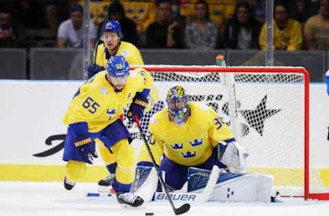 GOTHENBURG, SWEDEN – SEPTEMBER 10: Erik Karlsson of Sweden and Henrik Lundqvist of Sweden during the Pre World Cup of Hockey match between Sweden and Finland at Scandinavium on September 10, 2016 in Gothenburg, Sweden. (Photo by Nils Petter Nilsson/Ombrello/World Cup of Hockey via Getty Images)