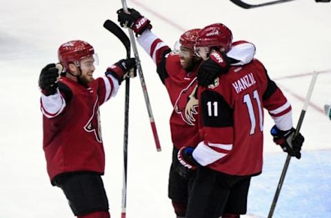 Feb 18, 2016; Glendale, AZ, USA; Arizona Coyotes center Martin Hanzal (11) celebrates with left wing Anthony Duclair (10) and center Max Domi (16) after scoring a goal in the third period against the Dallas Stars at Gila River Arena. Mandatory Credit: Matt Kartozian-USA TODAY Sports