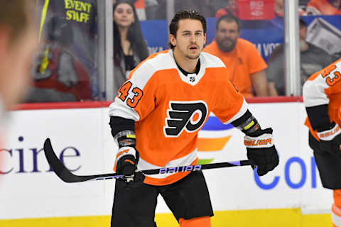 Apr 1, 2023; Philadelphia, Pennsylvania, USA; Philadelphia Flyers right wing Travis Konecny (11) skates in warm-ups prior to the game against Buffalo Sabres at Wells Fargo Center. Mandatory Credit: Eric Hartline-USA TODAY Sports