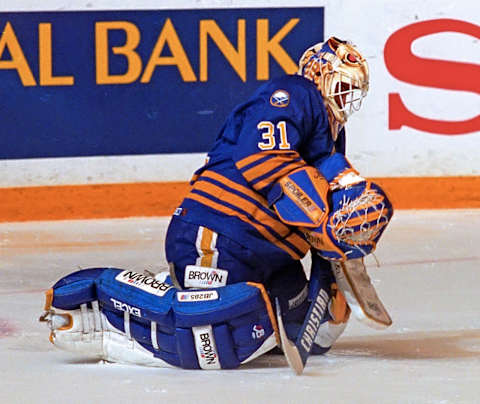 TORONTO, ON – SEPTEMBER 17: Grant Fuhr #31 of the Buffalo Sabres skates against the Toronto Maple Leafs during NHL preseason game action on September 17, 1994 at Maple Leaf Gardens in Toronto, Ontario, Canada. Toronto defeated Buffalo 4-3. (Photo by Graig Abel/Getty Images)